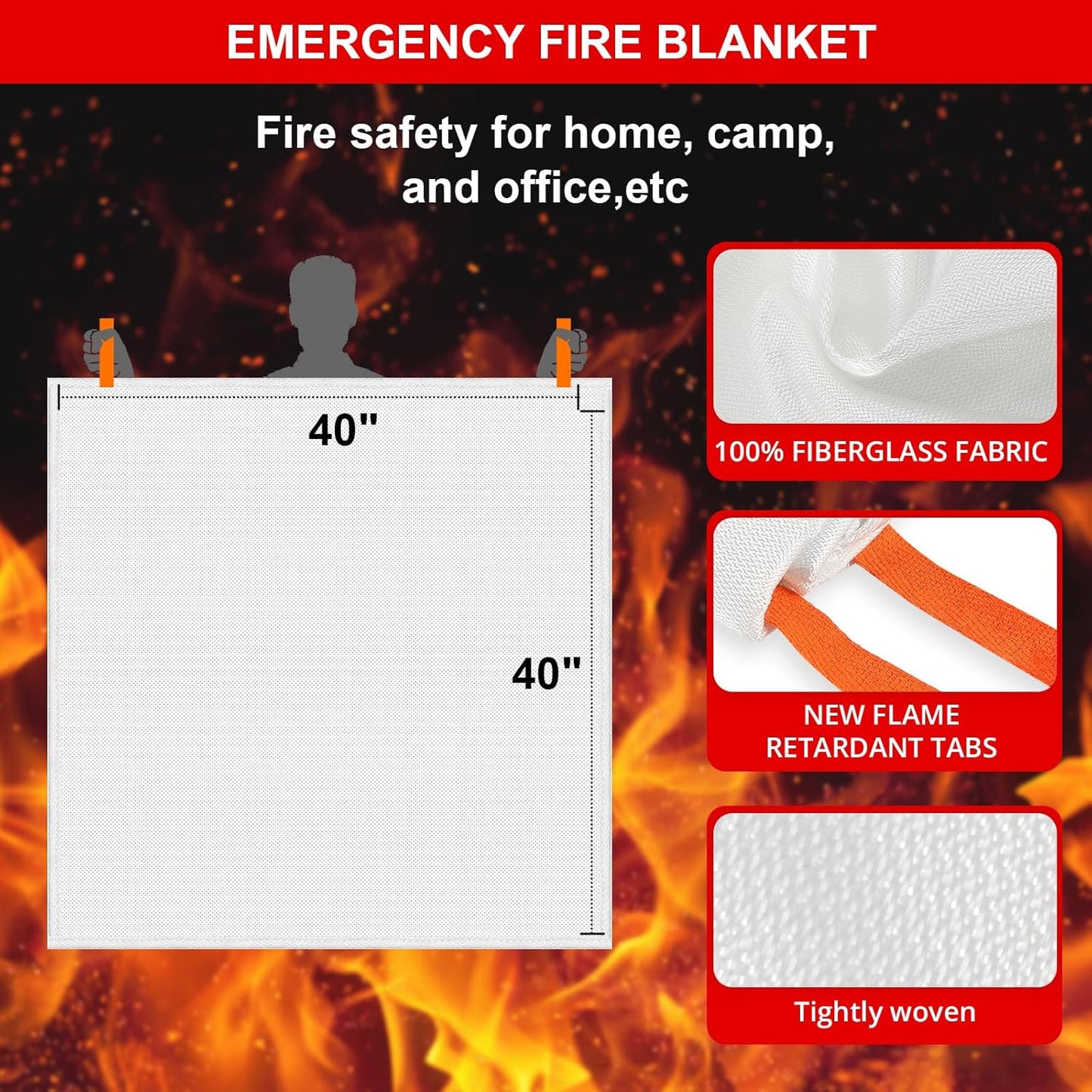 2 Pack SecuCaptain Emergency Fire Blanket 40"x40" - Flame Suppression Fiberglass for Home Kitchen Camping Car Office Warehouse Safety