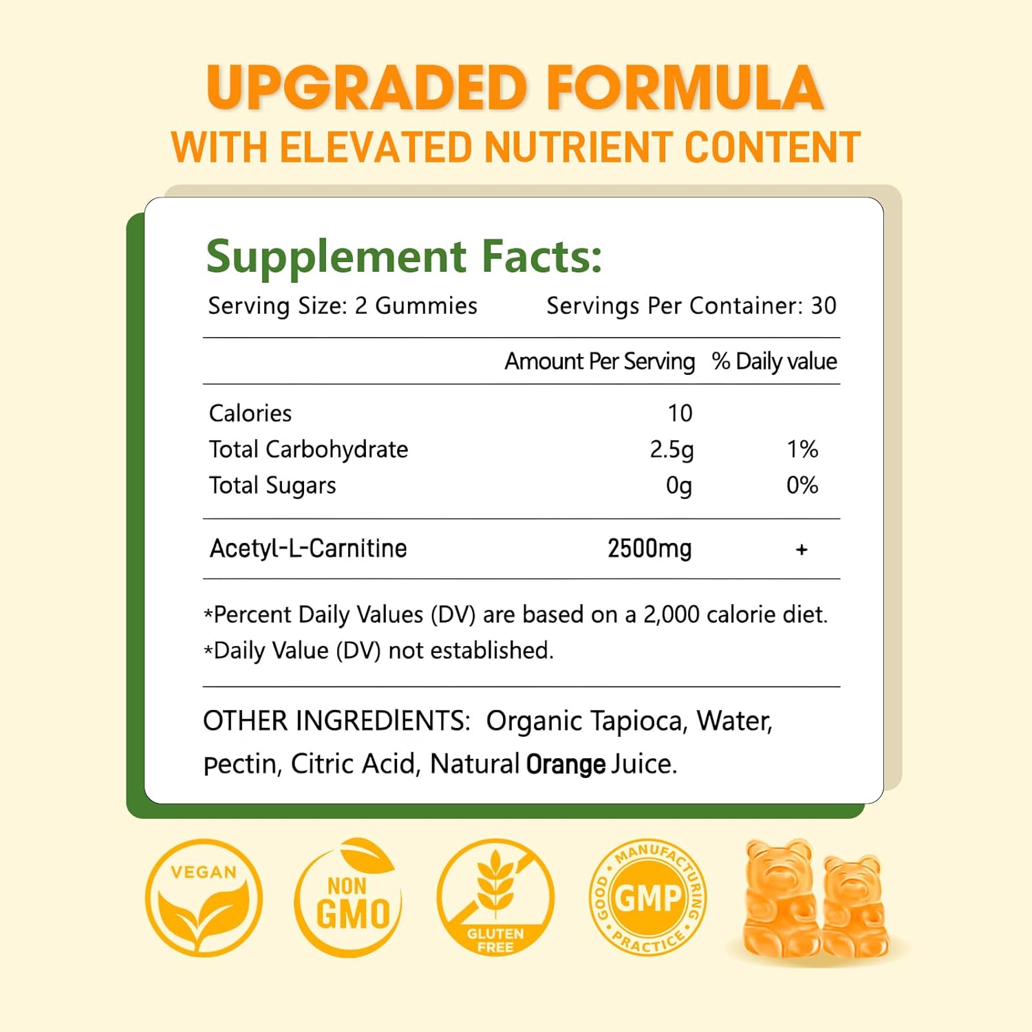 2 Pack Sijigood Acetyl L-Carnitine Supplement - Natural Energy Booster for Immunity - Vegan, Orange Flavor, 120 Count