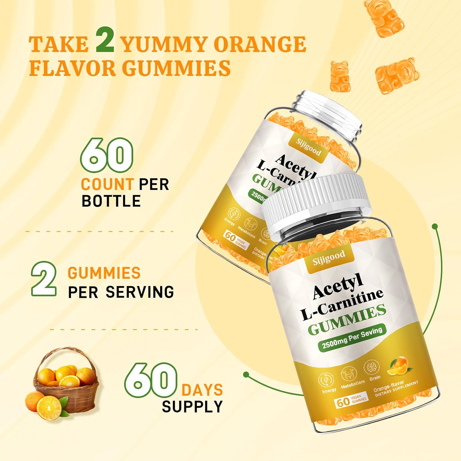2 Pack Sijigood Acetyl L-Carnitine Supplement - Natural Energy Booster for Immunity - Vegan, Orange Flavor, 120 Count