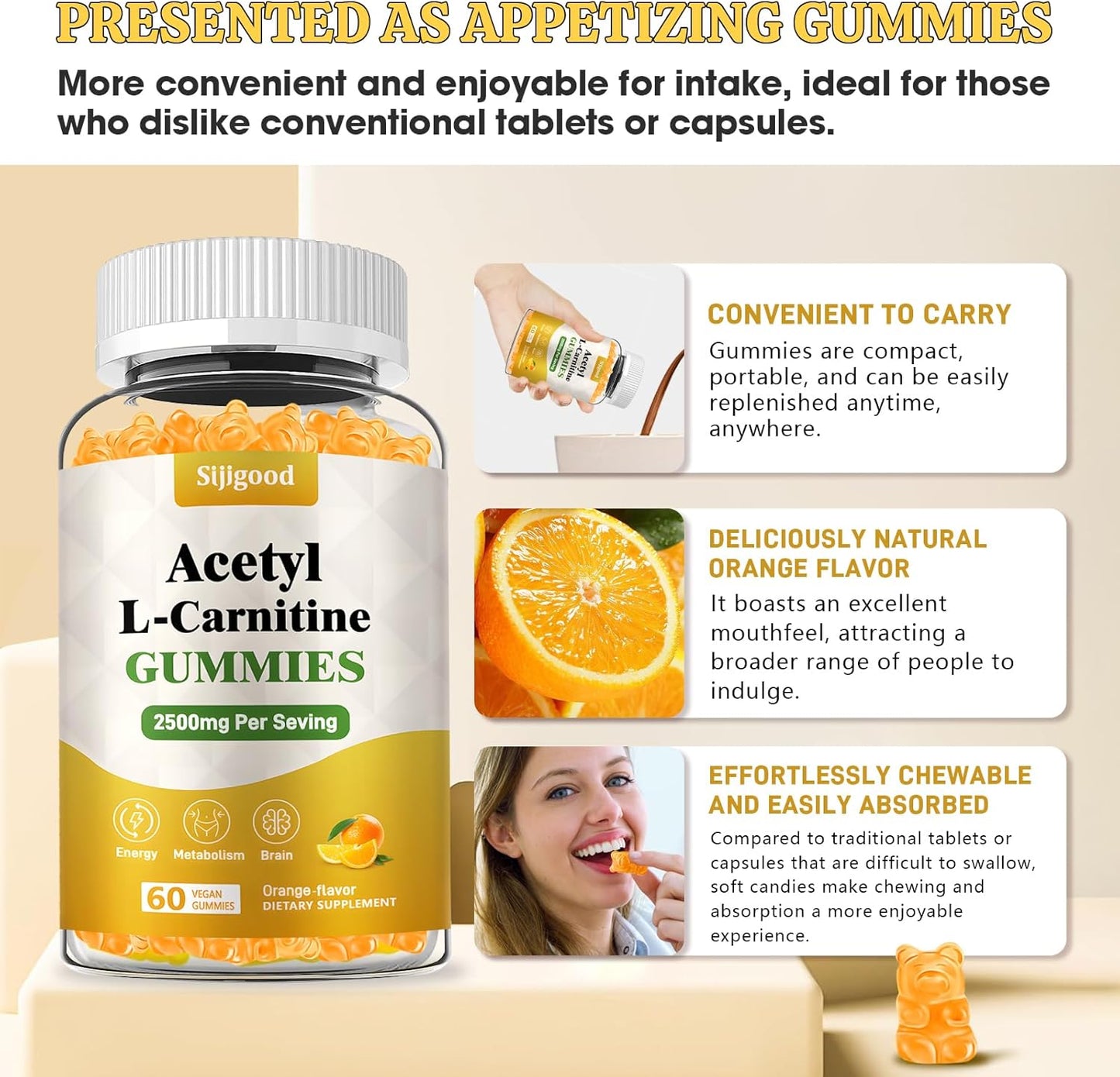 2 Pack Sijigood Acetyl L-Carnitine Supplement - Natural Energy Booster for Immunity - Vegan, Orange Flavor, 120 Count