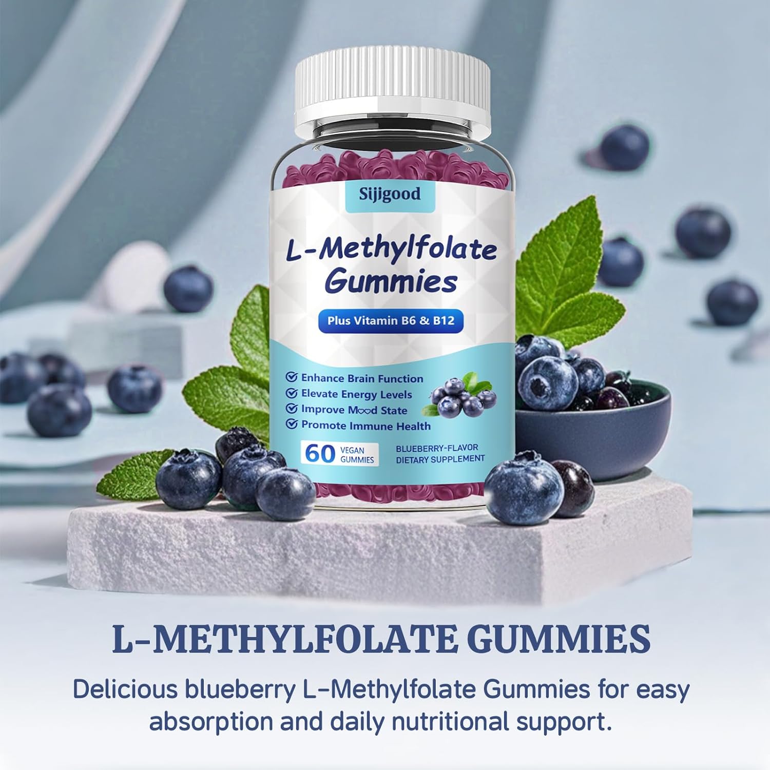 2 Pack Sijigood Blueberry L-Methylfolate Gummies with Methyl B12 - Boost Mood, Enhance Brain Health & Strengthen Immune System - 120 Count