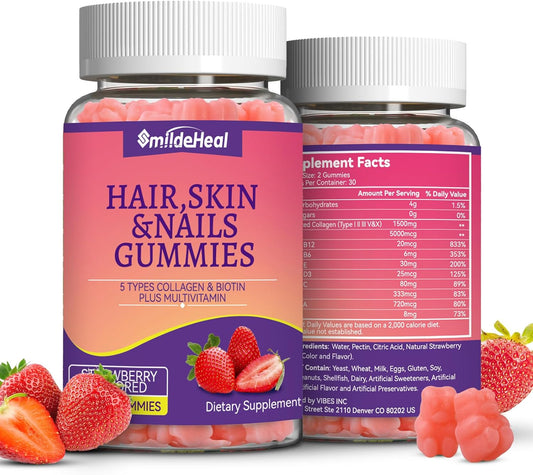 2 Pack SmildeHeal Hair Skin and Nails Gummies with Biotin and Collagen Vitamins - 120 Count - Promotes Healthy Hair, Skin, and Nails for Women