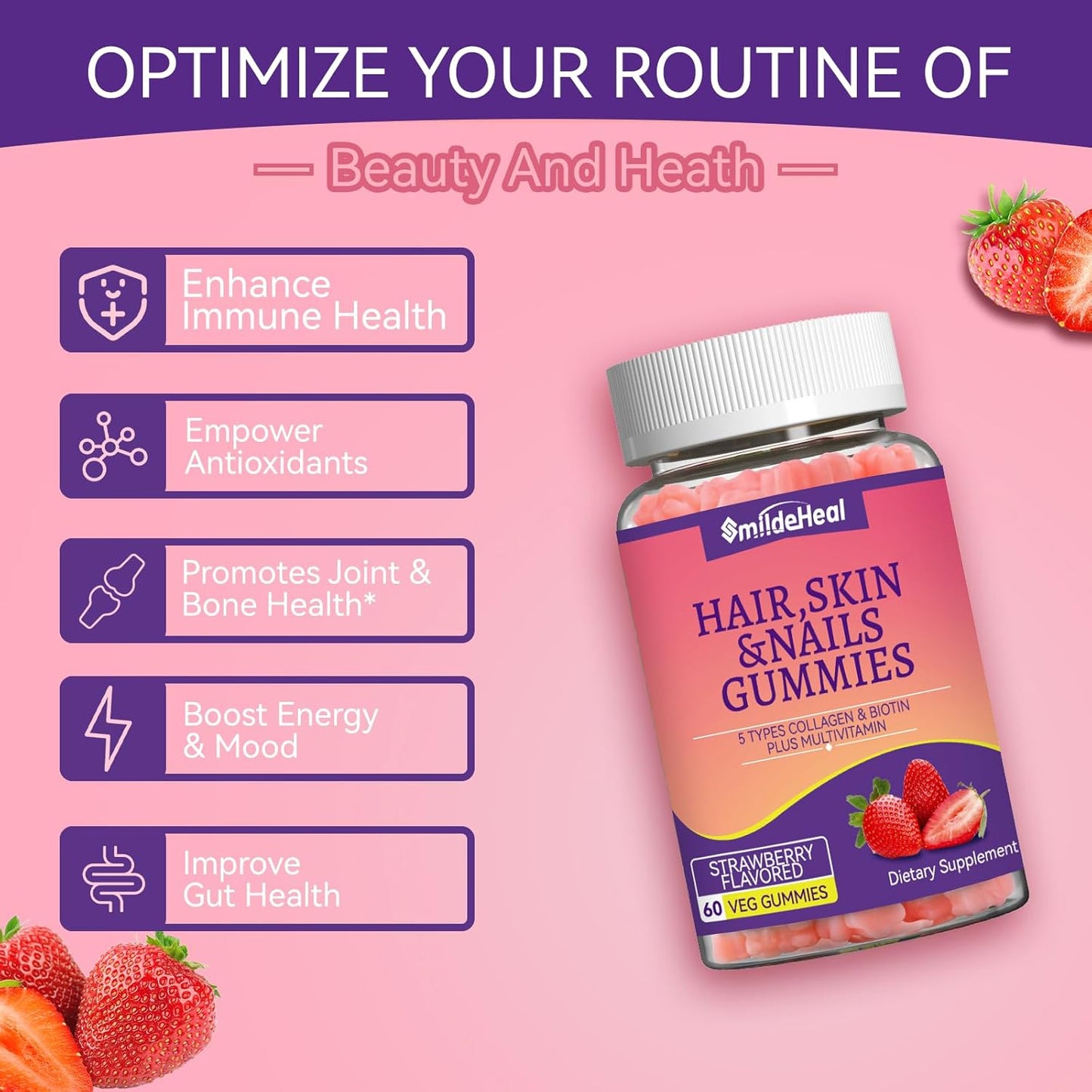 2 Pack SmildeHeal Hair Skin and Nails Gummies with Biotin and Collagen Vitamins - 120 Count - Promotes Healthy Hair, Skin, and Nails for Women