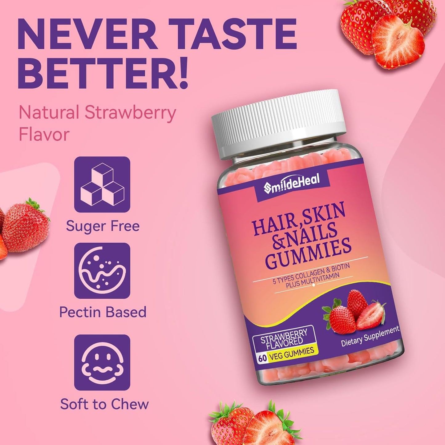 2 Pack SmildeHeal Hair Skin and Nails Gummies with Biotin and Collagen Vitamins - 120 Count - Promotes Healthy Hair, Skin, and Nails for Women