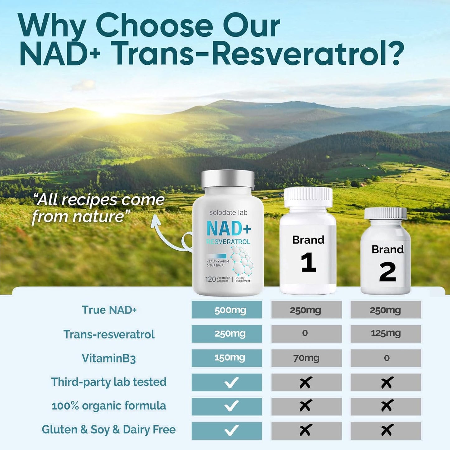 2-Pack Solodate Lab NAD Supplement 1000mg with True NAD+ & Resveratrol for Cellular Energy & Healthy Aging