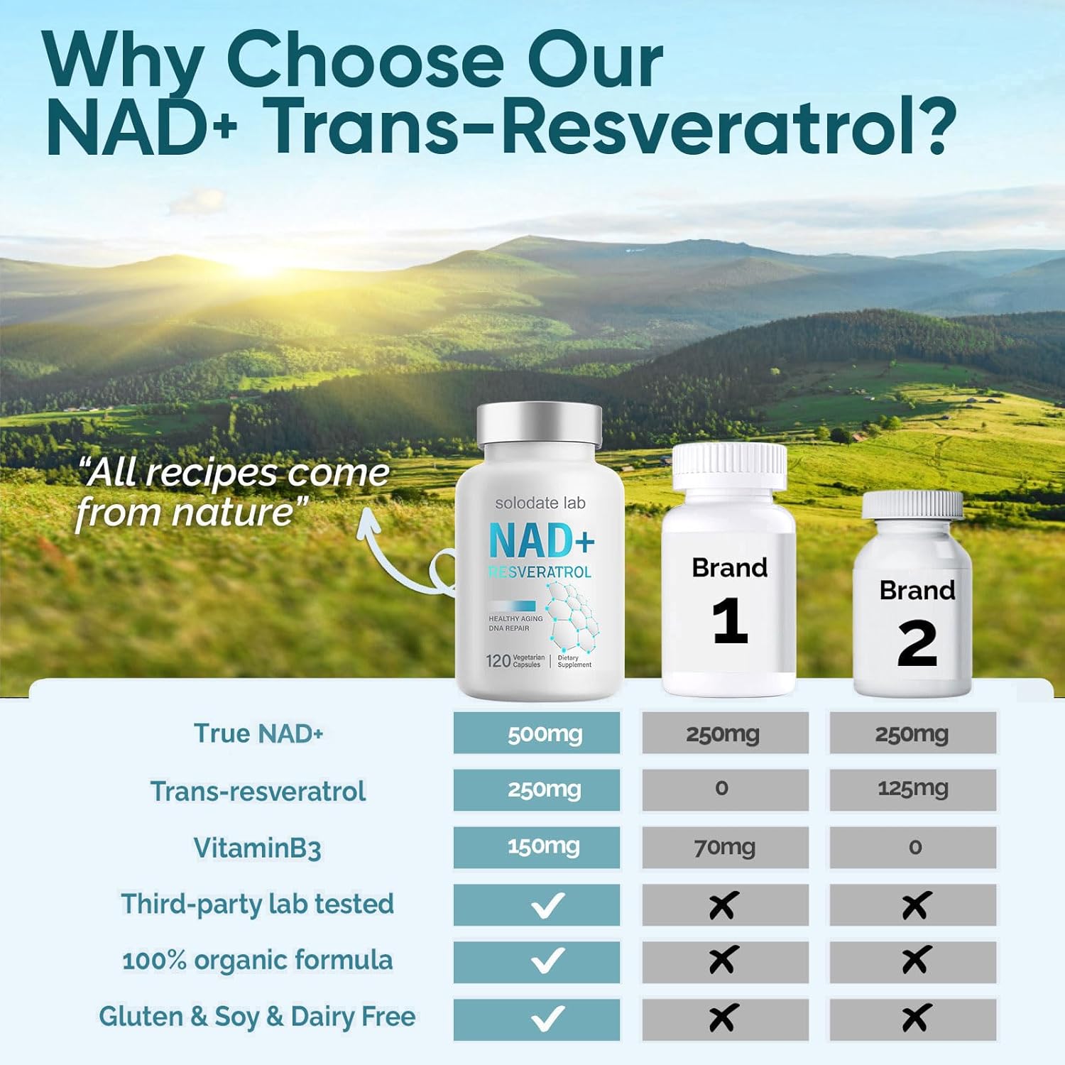 2-Pack Solodate Lab NAD Supplement 1000mg with True NAD+ & Resveratrol for Cellular Energy & Healthy Aging