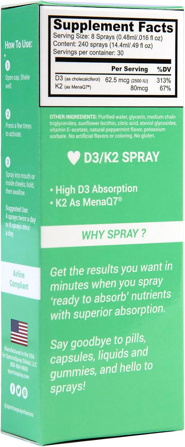 2 Pack Spectraspray Vitamin D3 + K2 Oral Spray for Healthy Lifestyle Support