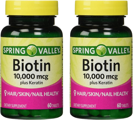 2-Pack Spring Valley Biotin 10000mcg with Keratin 100mg Dietary Supplement - 60 Tablets + Your Vitamin Guide©