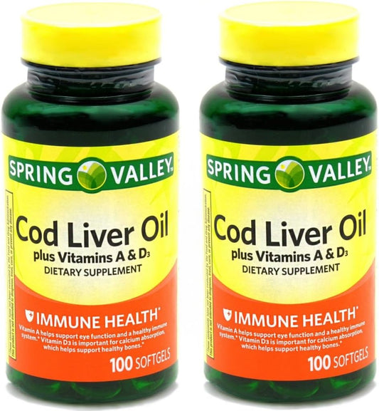 2 Pack Spring Valley Cod Liver Oil Softgels with Vitamin A & D - 100 Count