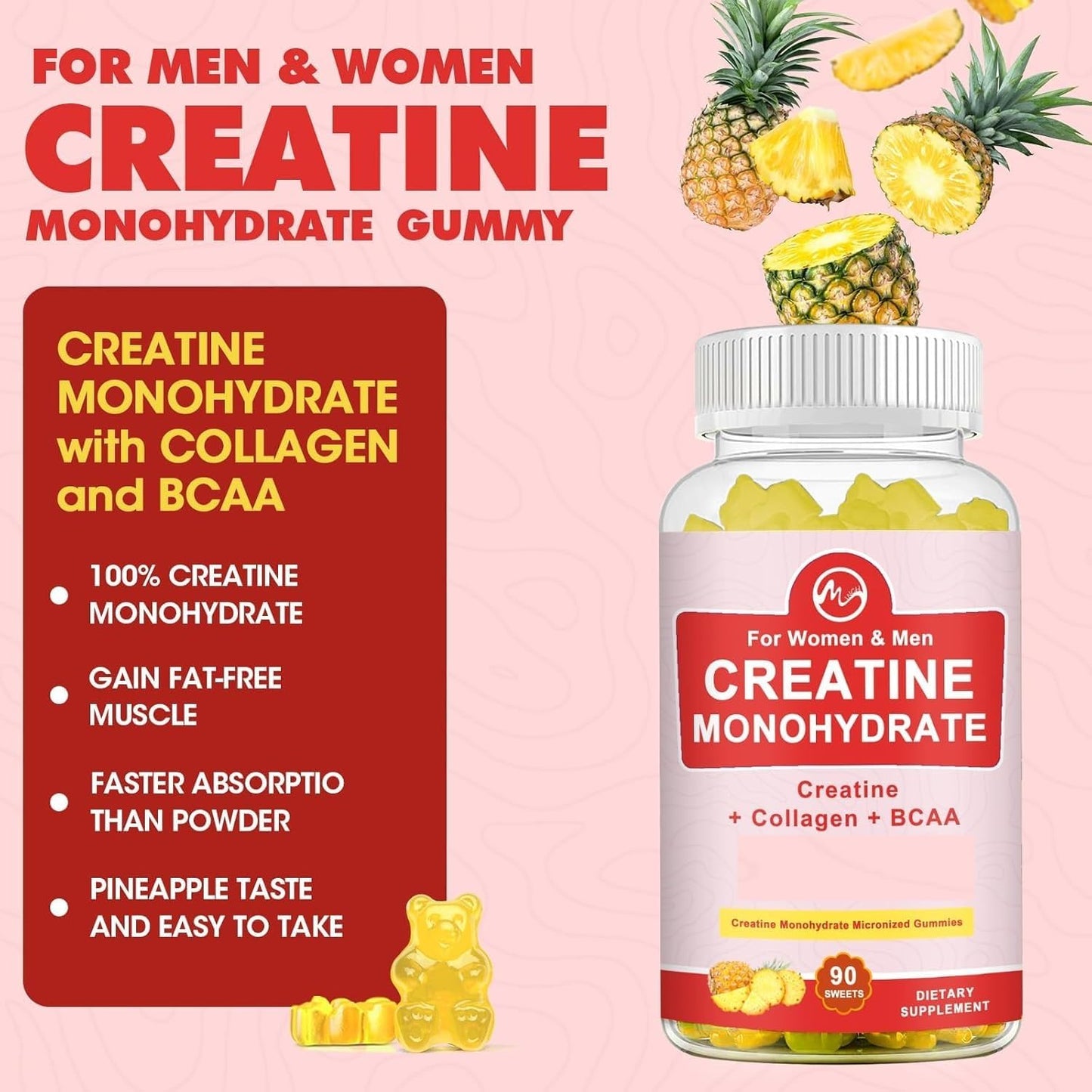 2 Pack Sugar-Free Pineapple Flavored Creatine Gummy Supplements for Muscle Building & Energy | Chewable Creatine Monohydrate Gains for Men & Women