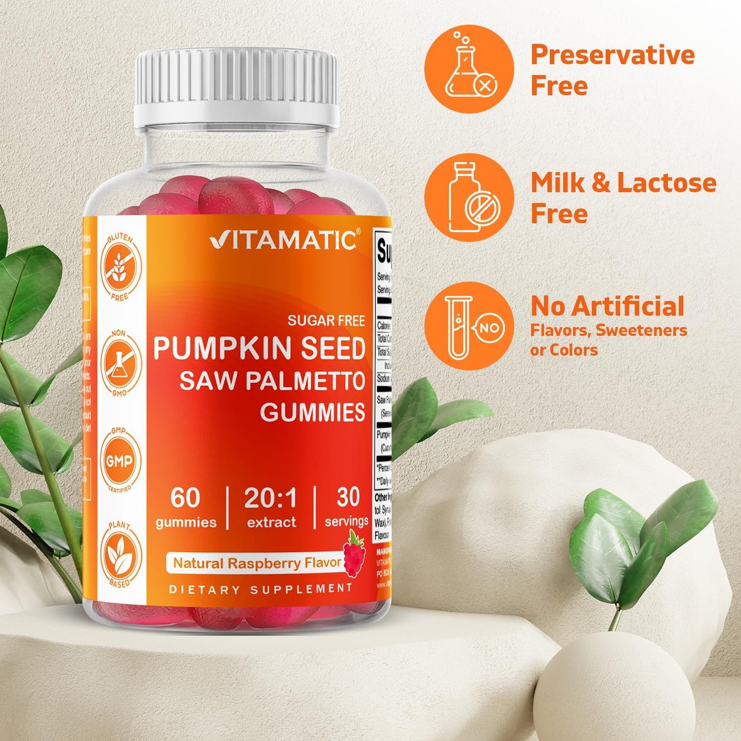 2-Pack Sugar-Free Pumpkin Seed Gummies with Saw Palmetto & Natural Raspberry Flavor - 60 Count