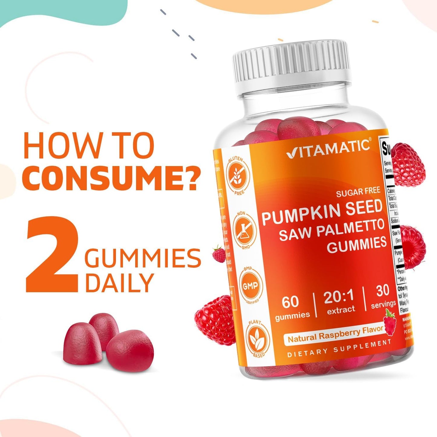 2-Pack Sugar-Free Pumpkin Seed Gummies with Saw Palmetto & Natural Raspberry Flavor - 60 Count