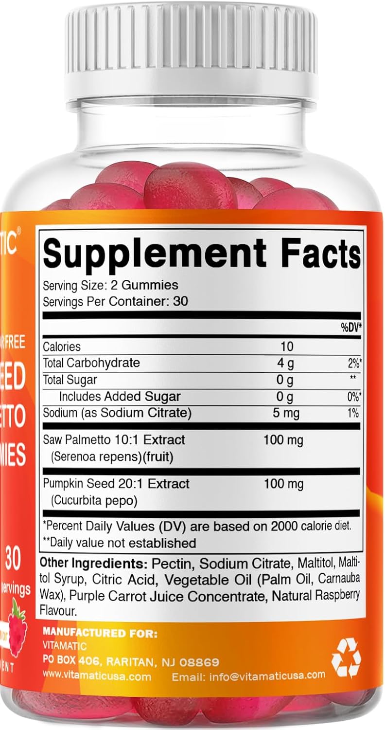 2-Pack Sugar-Free Pumpkin Seed Gummies with Saw Palmetto & Natural Raspberry Flavor - 60 Count
