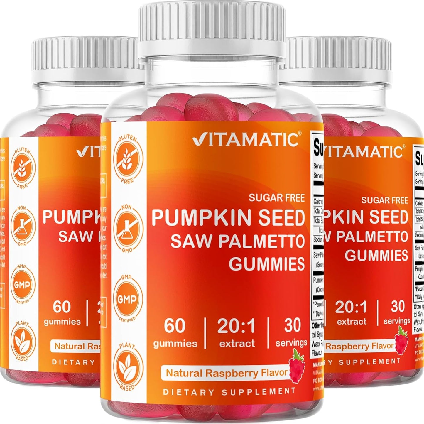 2-Pack Sugar-Free Pumpkin Seed Gummies with Saw Palmetto & Natural Raspberry Flavor - 60 Count