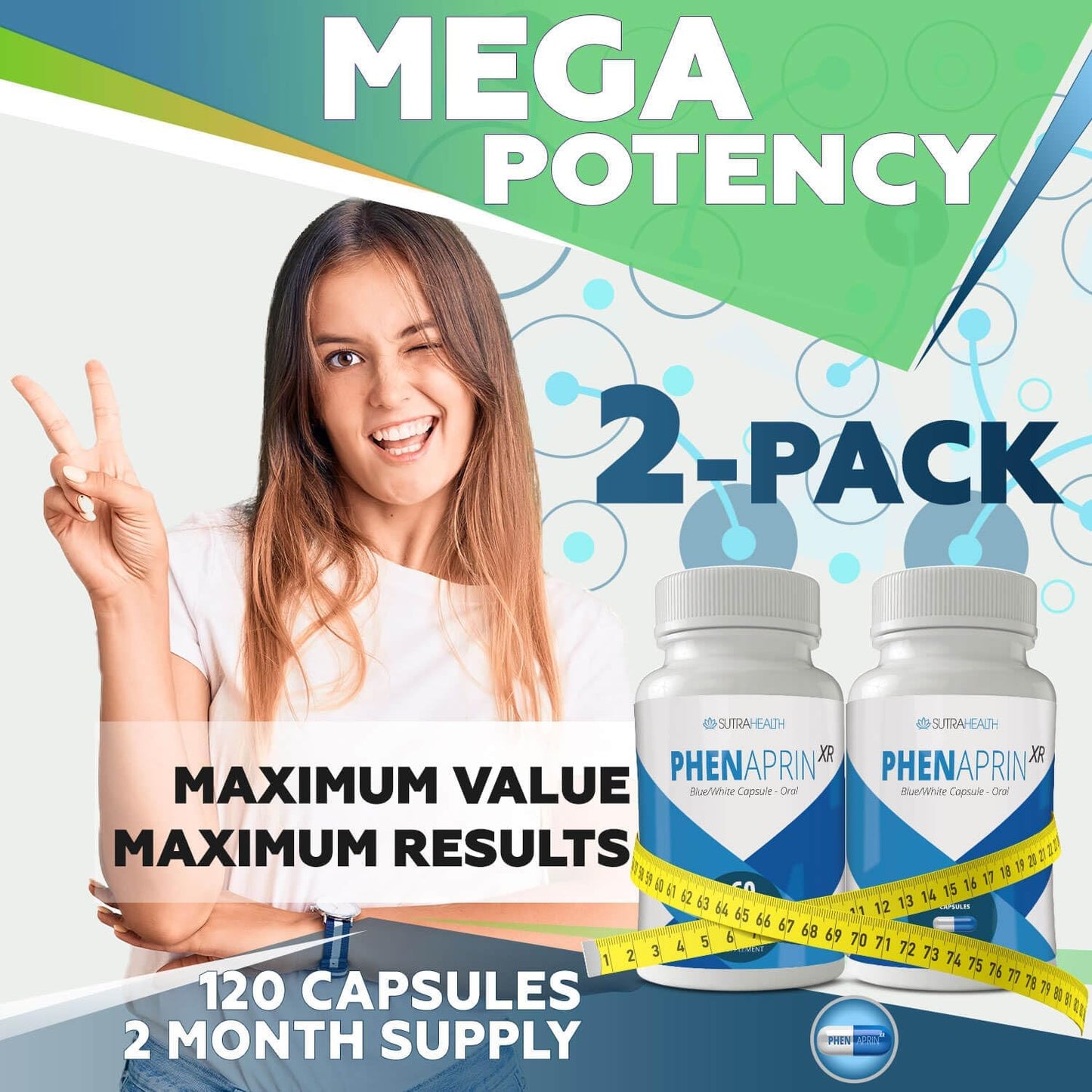 2-Pack SutraHealth PhenAprin XR Maximum Strength Diet Pills - Appetite Suppressant, Metabolism Boost, Weight Loss - 120 Capsules for Women and Men
