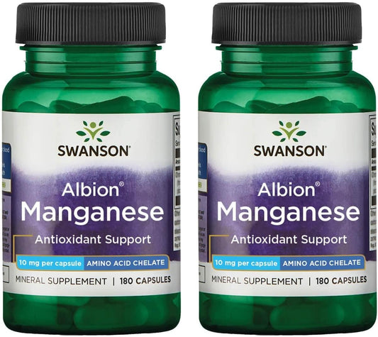 2 Pack Swanson Albion Chelated Manganese 10mg 180 Capsules - High Absorption Mineral Supplement