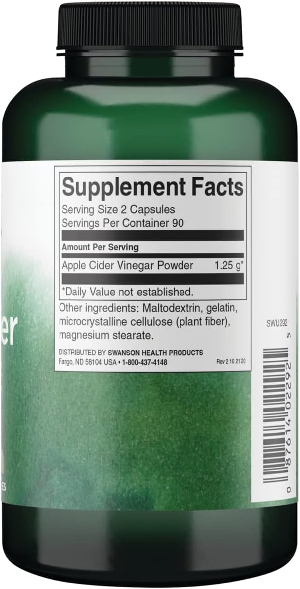 2-Pack Swanson Apple Cider Vinegar Capsules for Weight Loss & Digestive Health - 180 Capsules, 625mg - Supports Metabolism & Glucose Profile