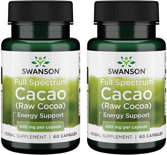 2 Pack Swanson Full Spectrum Cacao Herbal Supplement Capsules, 400mg - Promotes Mild Energy Support with Raw Cocoa - Traditional Whole Fruit Formula - 60 Count