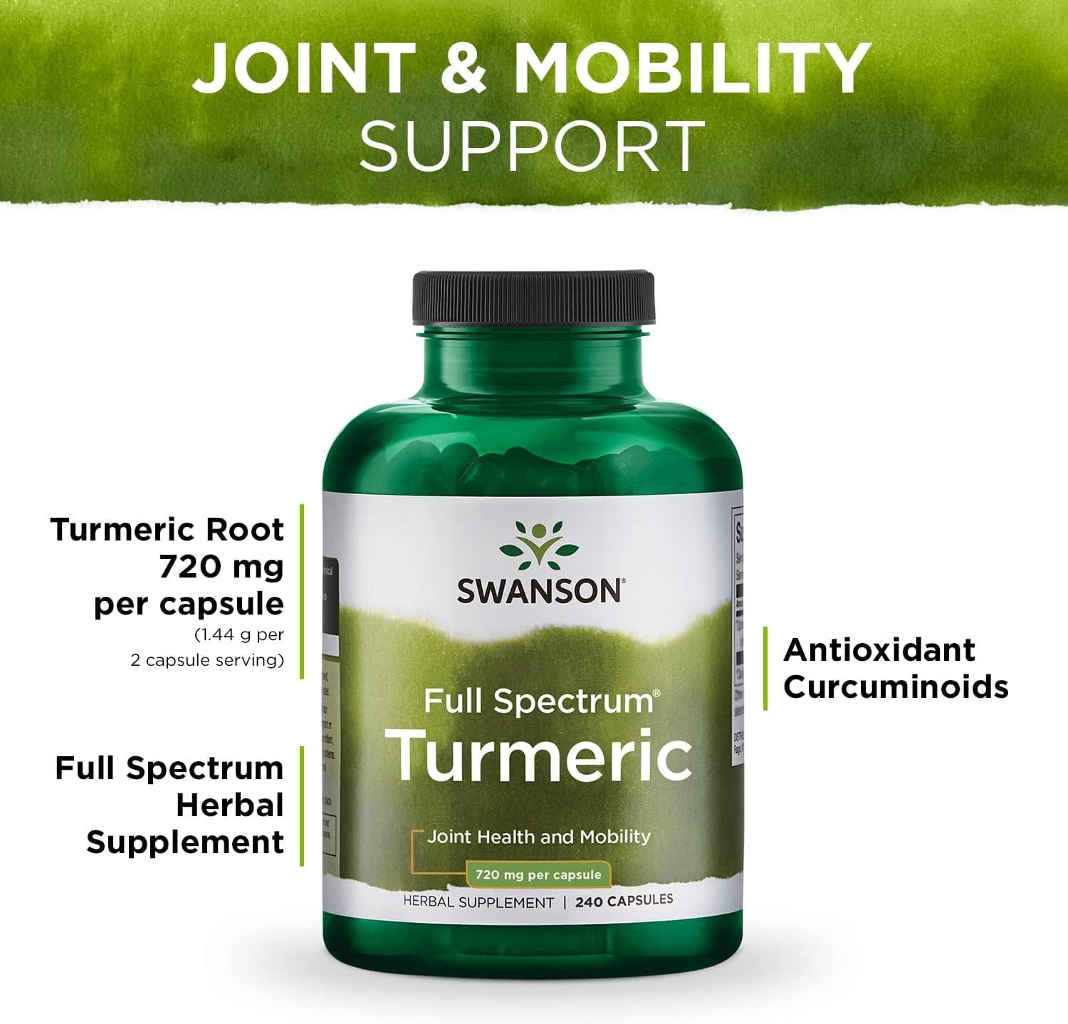 2 Pack Swanson Full Spectrum Turmeric Capsules - Joint, Digestion, Liver Support - Curcumin Supplement - 480 Capsules Total