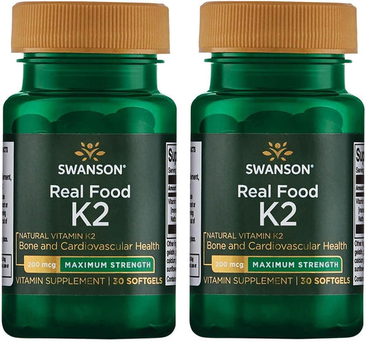 2 Pack Swanson Maximum Strength Vitamin K2 (Menaquinone-7) Softgels - Cardiovascular & Bone Health Support - Japanese Natto Source - 200mcg - 30 Count