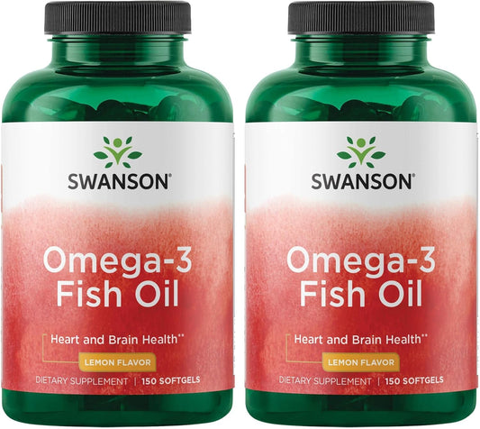 2-Pack Swanson Omega-3 Fish Oil Supplement for Heart, Brain, and Joint Support - GMO-Free EFAs with 180mg EPA and 120mg DHA - 150 Lemon Flavored Softgel Capsules