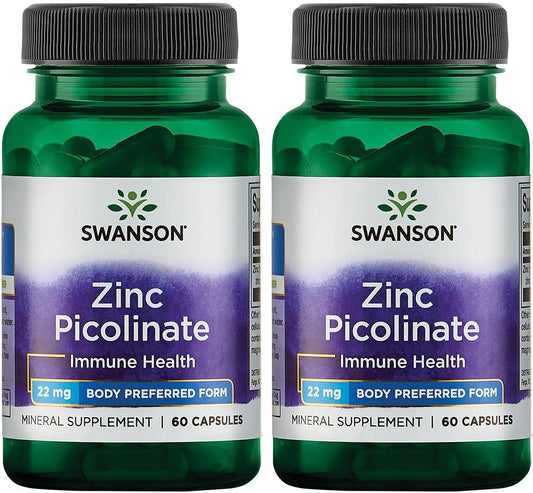 2 Pack Swanson Zinc Picolinate Capsules 22mg - Chelated Zinc for Prostate, Vision, & Immune Health - Body-Preferred Mineral Supplement