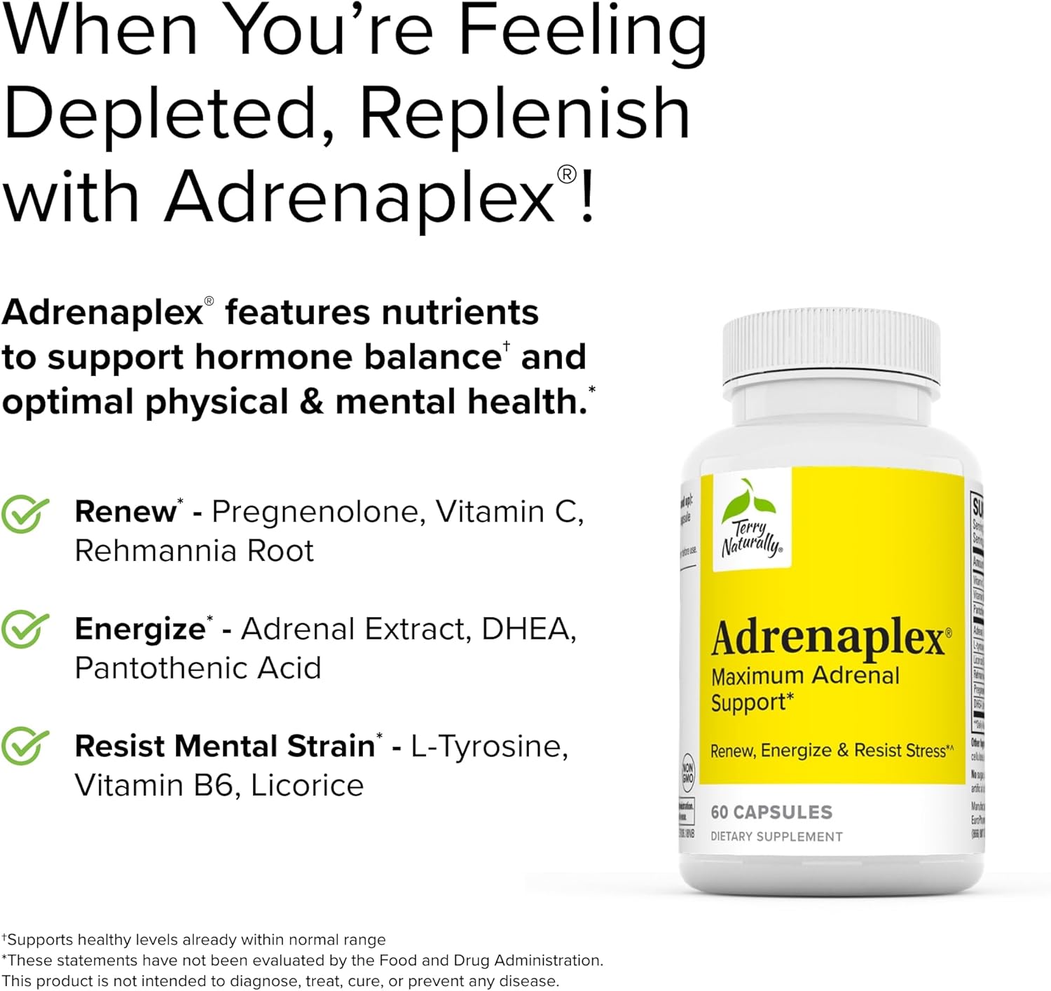 2 Pack Terry Naturally Adrenaplex Capsules - Maximum Adrenal Support Supplement - Non-GMO, Gluten Free - 60 Servings