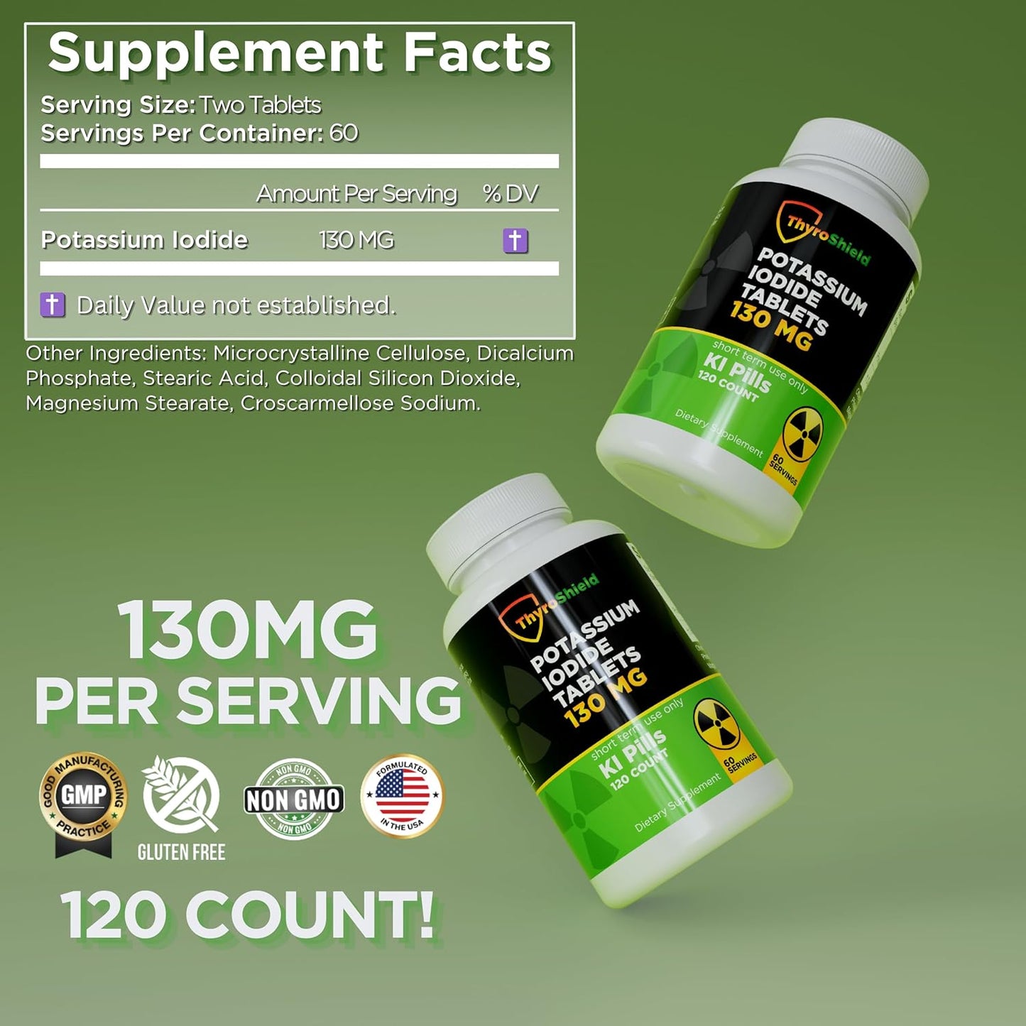 2 Pack ThyroShield Potassium Iodide Tablets - 130mg for Radiation Exposure - USA Made Nuclear Fallout KI Pills - YODO Naciente 120 Tablets
