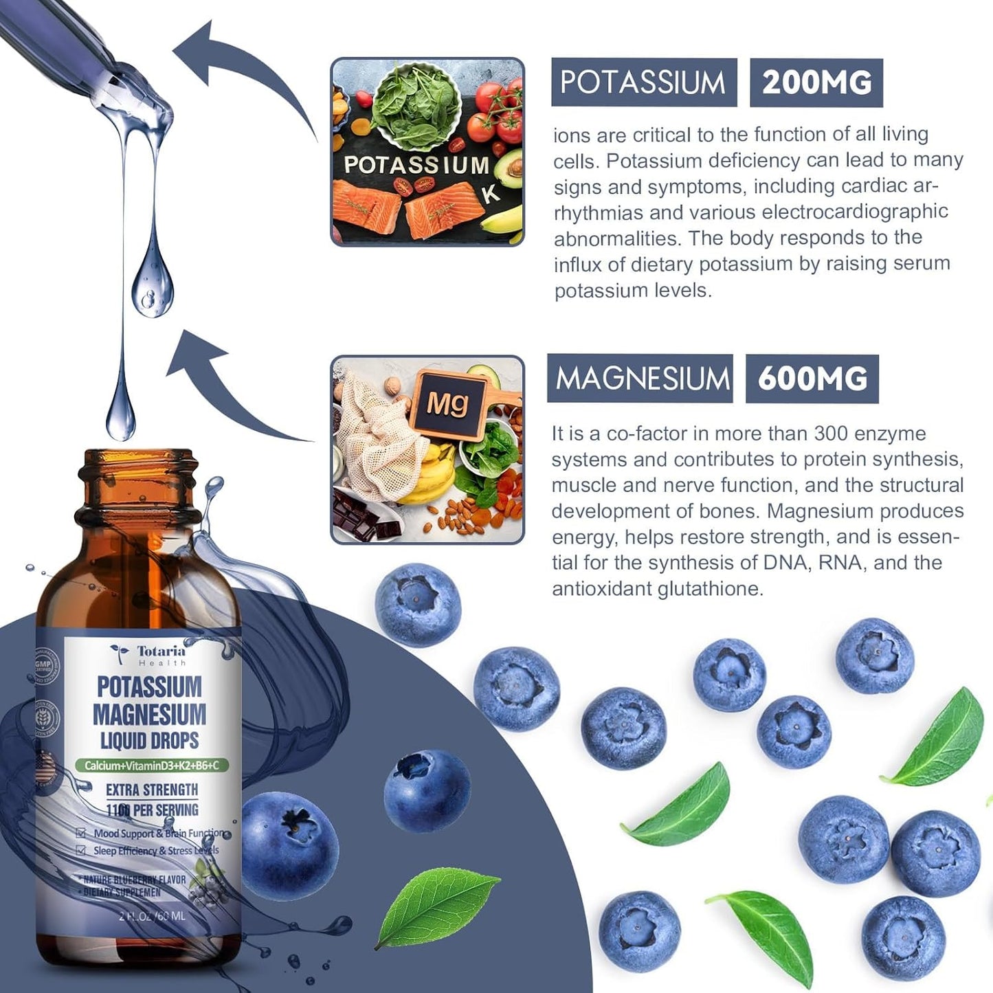 2 Pack Totaria Liquid Drops: Potassium Magnesium Supplement - 200mg Potassium, 600mg Triple Complex Magnesium Glycinate Citrate Oil for Bone, Muscle, Leg Cramps Support