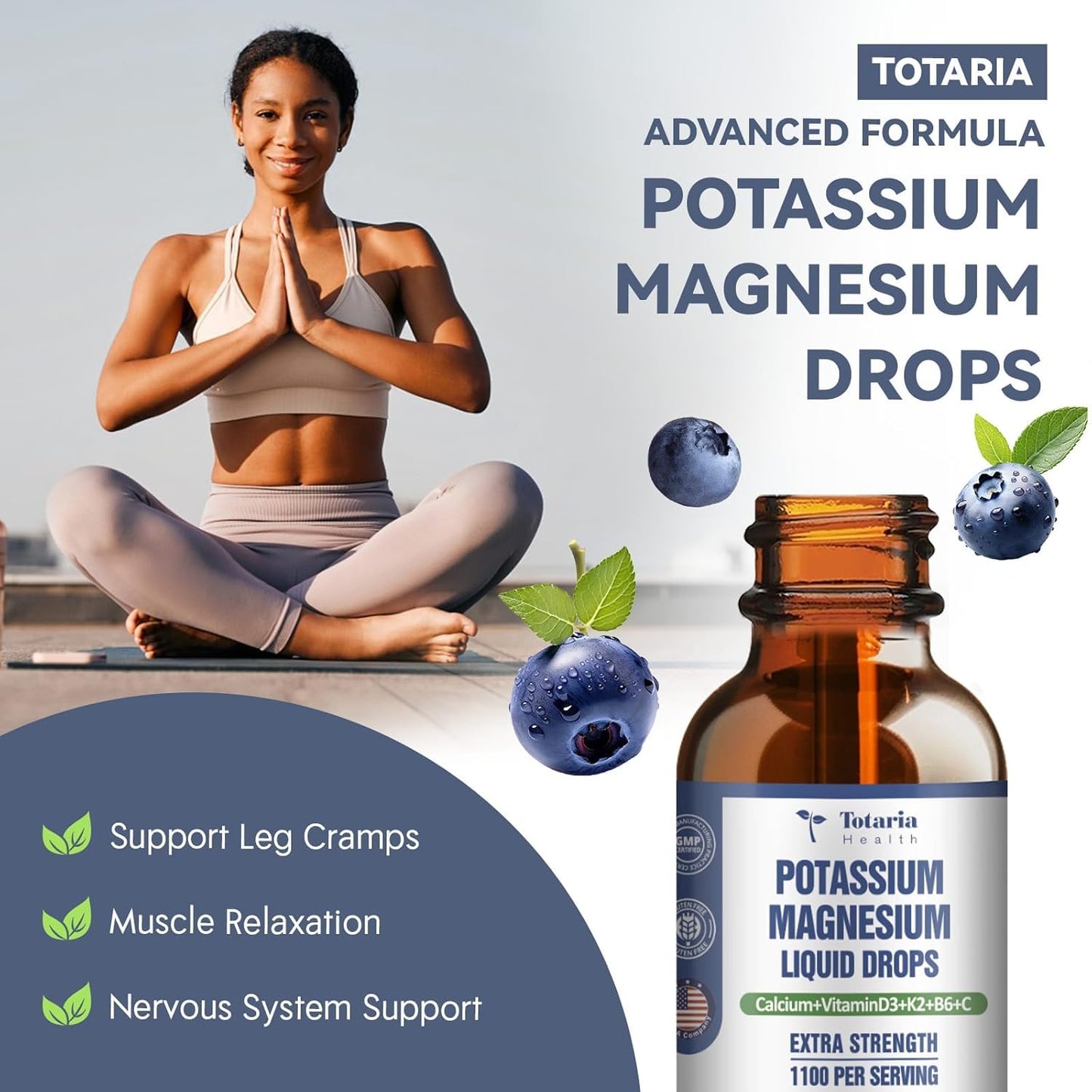 2 Pack Totaria Liquid Drops: Potassium Magnesium Supplement - 200mg Potassium, 600mg Triple Complex Magnesium Glycinate Citrate Oil for Bone, Muscle, Leg Cramps Support