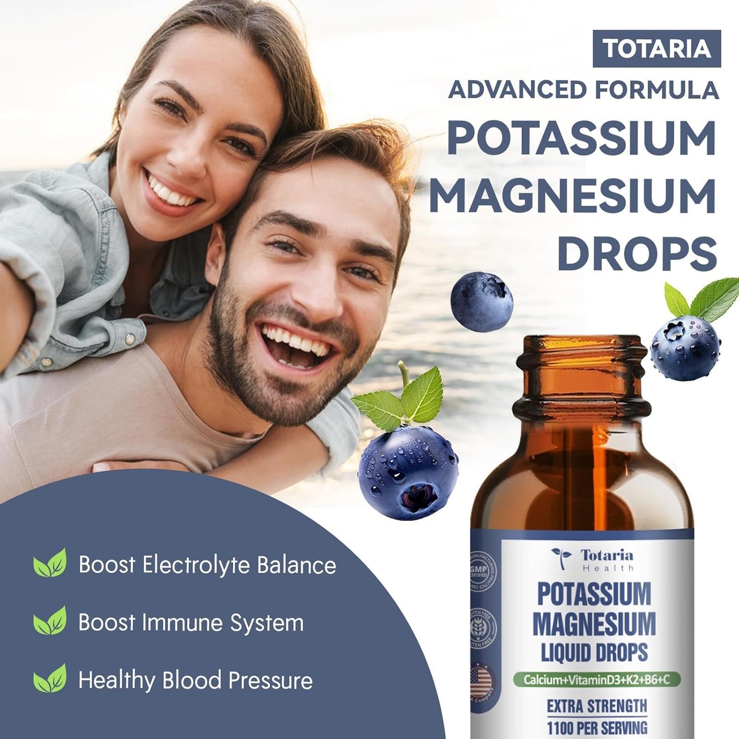 2 Pack Totaria Liquid Drops: Potassium Magnesium Supplement - 200mg Potassium, 600mg Triple Complex Magnesium Glycinate Citrate Oil for Bone, Muscle, Leg Cramps Support