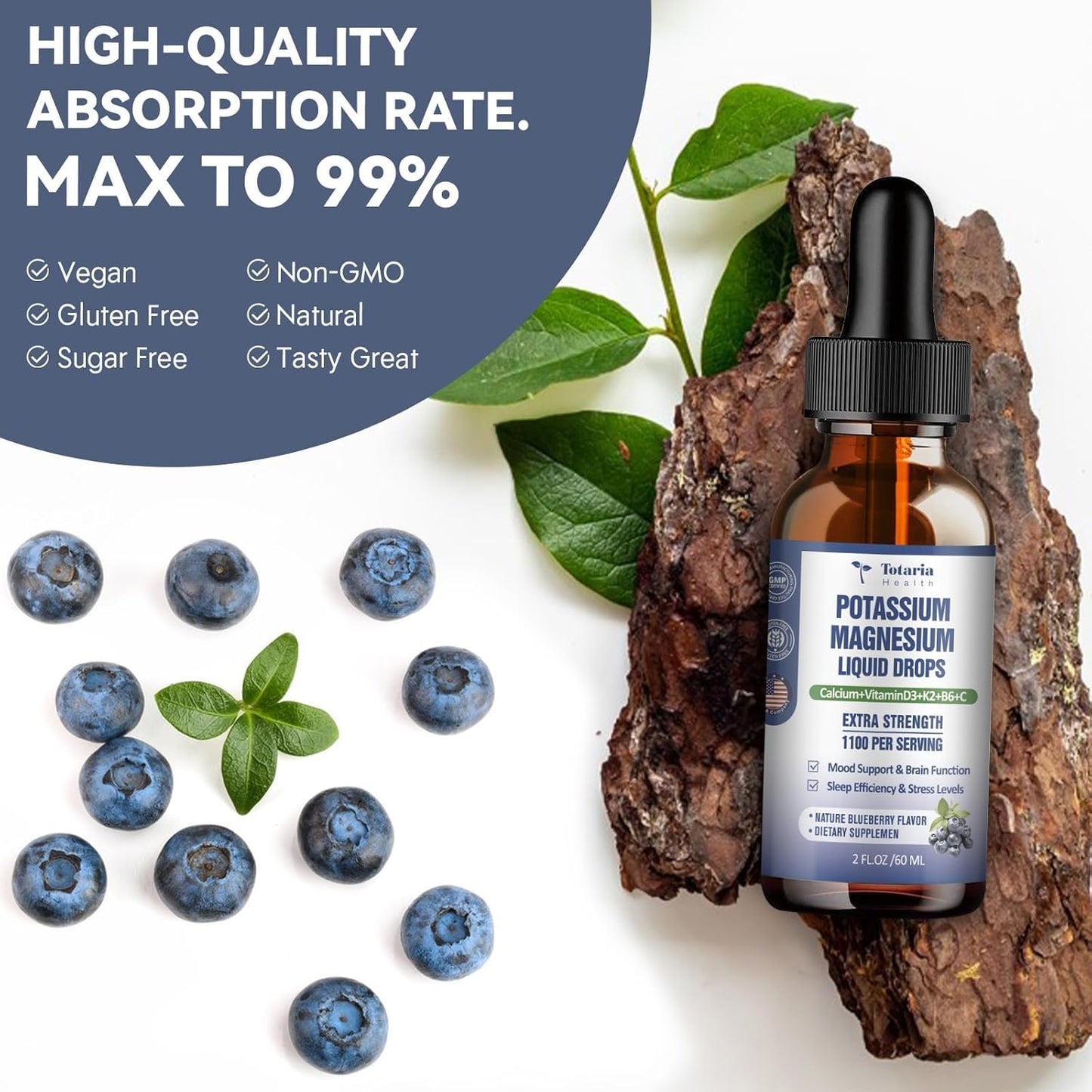 2 Pack Totaria Liquid Drops: Potassium Magnesium Supplement - 200mg Potassium, 600mg Triple Complex Magnesium Glycinate Citrate Oil for Bone, Muscle, Leg Cramps Support