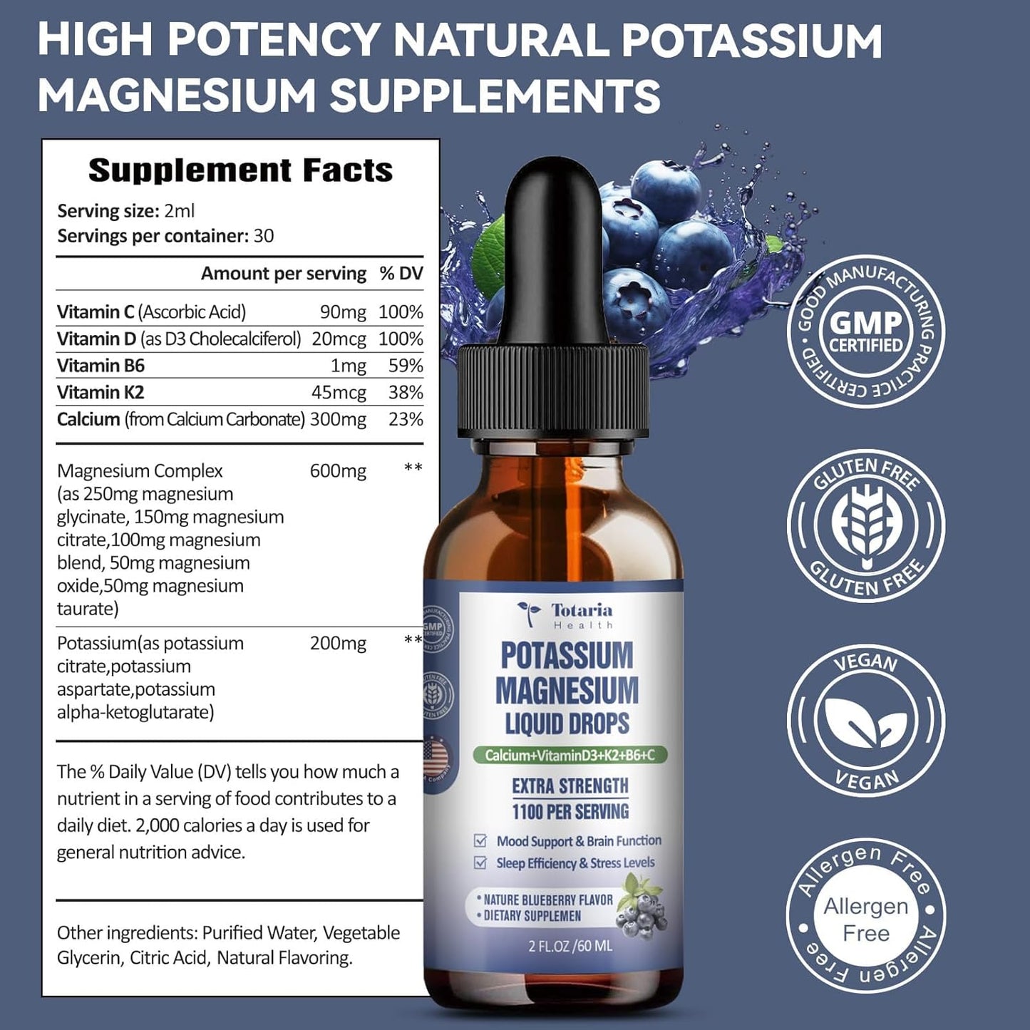 2 Pack Totaria Liquid Drops: Potassium Magnesium Supplement - 200mg Potassium, 600mg Triple Complex Magnesium Glycinate Citrate Oil for Bone, Muscle, Leg Cramps Support