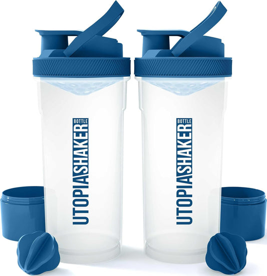 2 Pack Utopia Home Shaker Bottles - 24 Ounce Clear/Navy Plastic Protein & Cocktail Shaker with Twist & Lock Storage for Pre & Post Workout