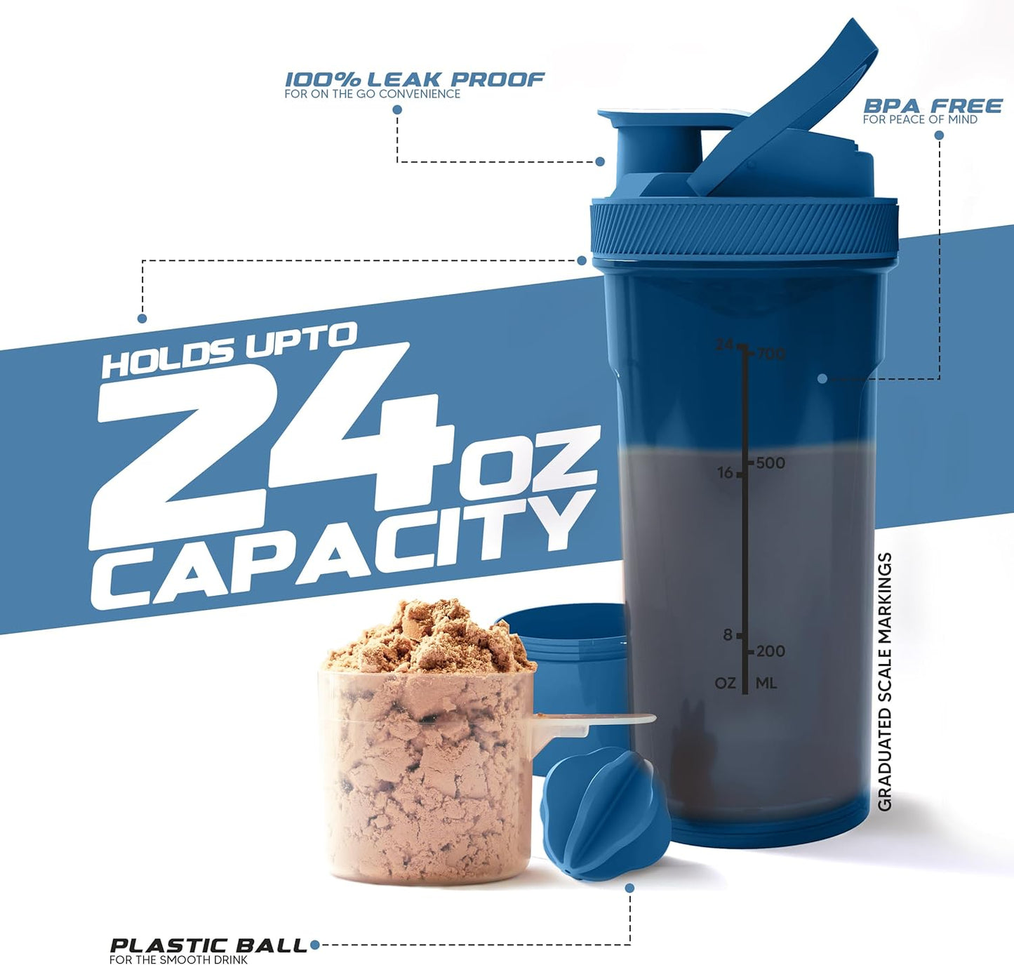 2 Pack Utopia Home Shaker Bottles - 24 Ounce Clear/Navy Plastic Protein & Cocktail Shaker with Twist & Lock Storage for Pre & Post Workout