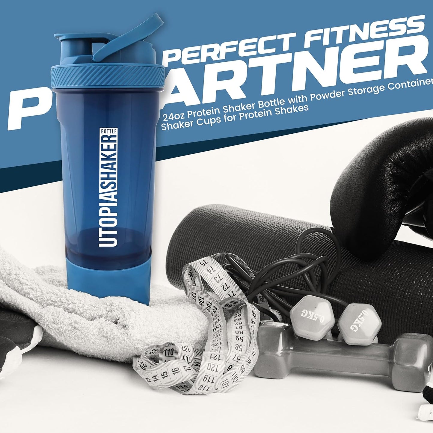 2 Pack Utopia Home Shaker Bottles - 24 Ounce Clear/Navy Plastic Protein & Cocktail Shaker with Twist & Lock Storage for Pre & Post Workout