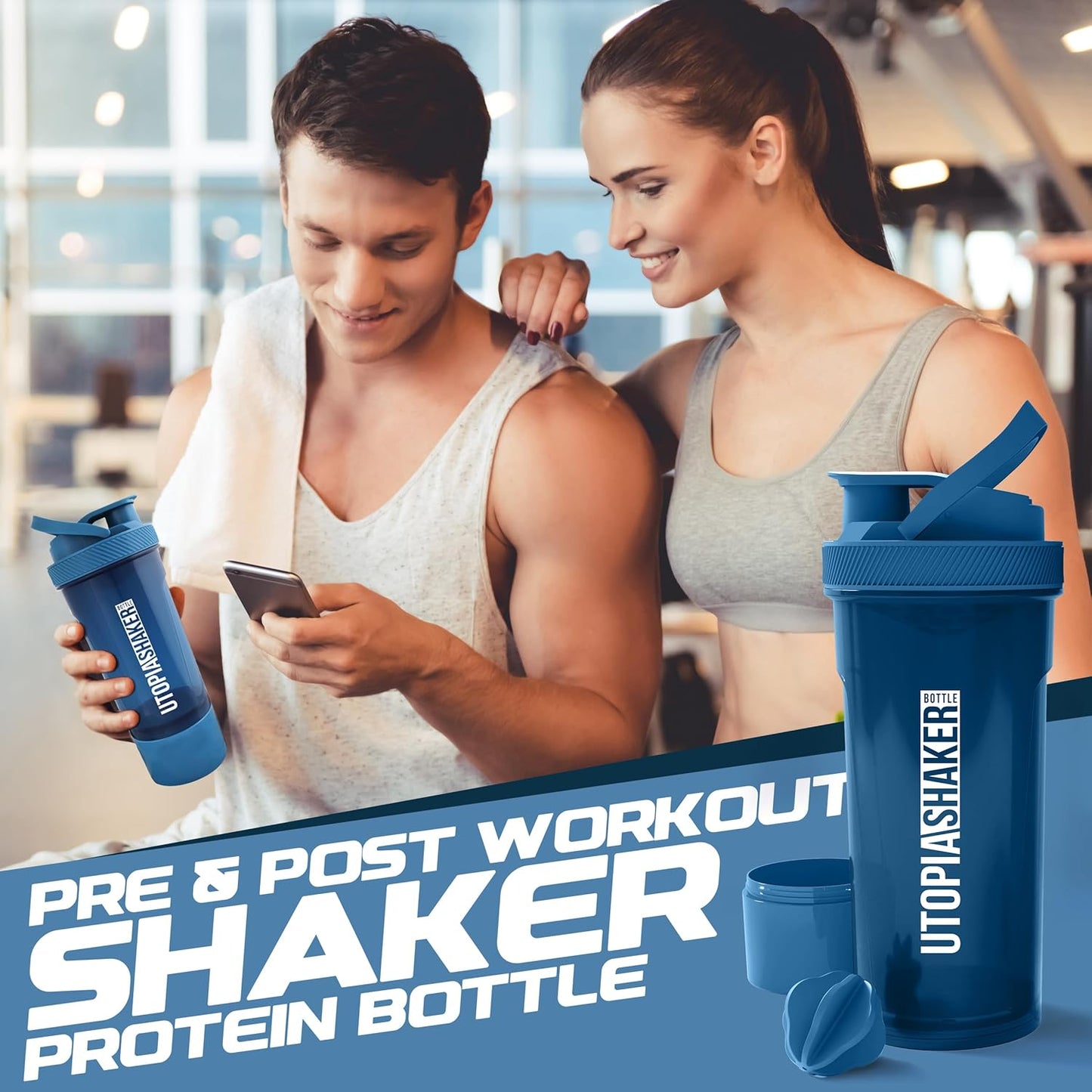 2 Pack Utopia Home Shaker Bottles - 24 Ounce Clear/Navy Plastic Protein & Cocktail Shaker with Twist & Lock Storage for Pre & Post Workout