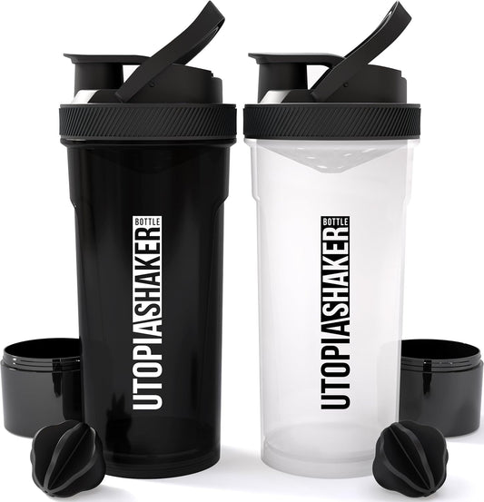 2 Pack Utopia Home Shaker Bottles - 24 oz Plastic Protein/Cocktail Shaker for Pre/Post Workout w/ Twist & Lock Protein Box - Black & Clear/Black
