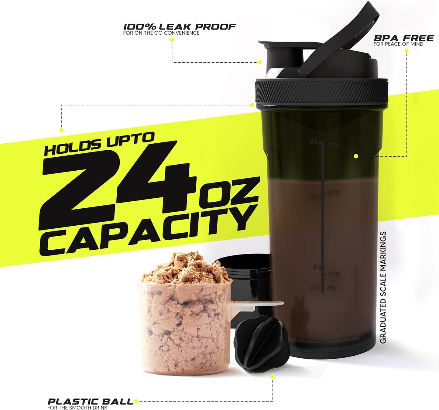 2 Pack Utopia Home Shaker Bottles - 24 oz Plastic Protein/Cocktail Shaker for Pre/Post Workout w/ Twist & Lock Protein Box - Black & Clear/Black