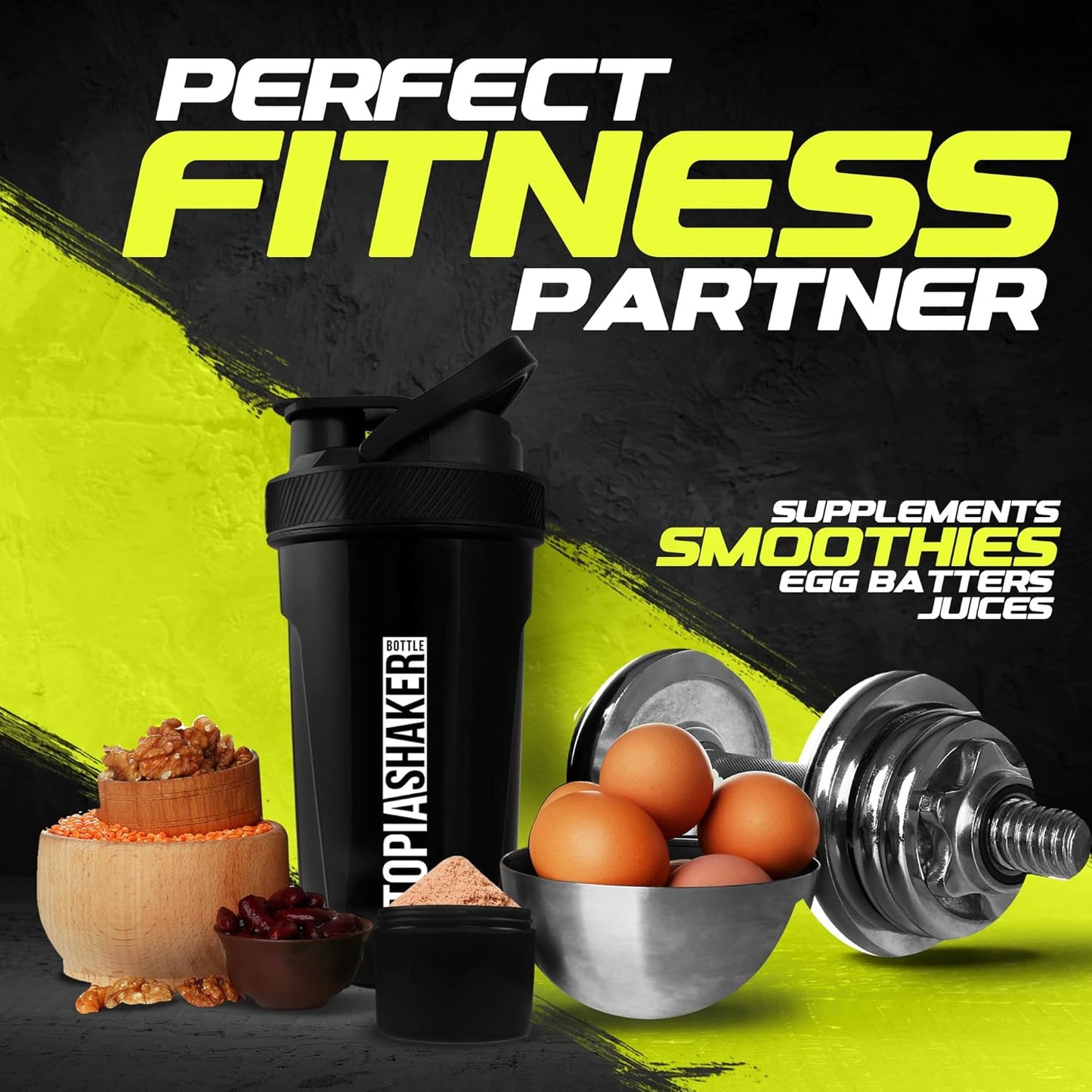 2 Pack Utopia Home Shaker Bottles - 24 oz Plastic Protein/Cocktail Shaker for Pre/Post Workout w/ Twist & Lock Protein Box - Black & Clear/Black