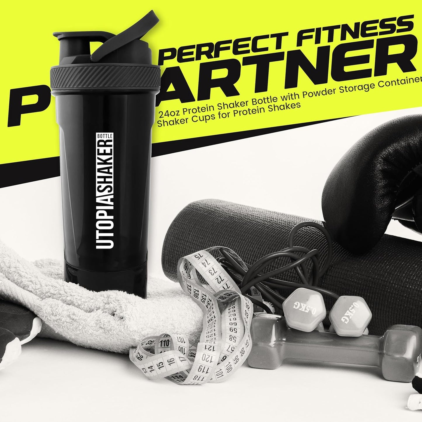2 Pack Utopia Home Shaker Bottles - 24 oz Plastic Protein/Cocktail Shaker for Pre/Post Workout w/ Twist & Lock Protein Box - Black & Clear/Black