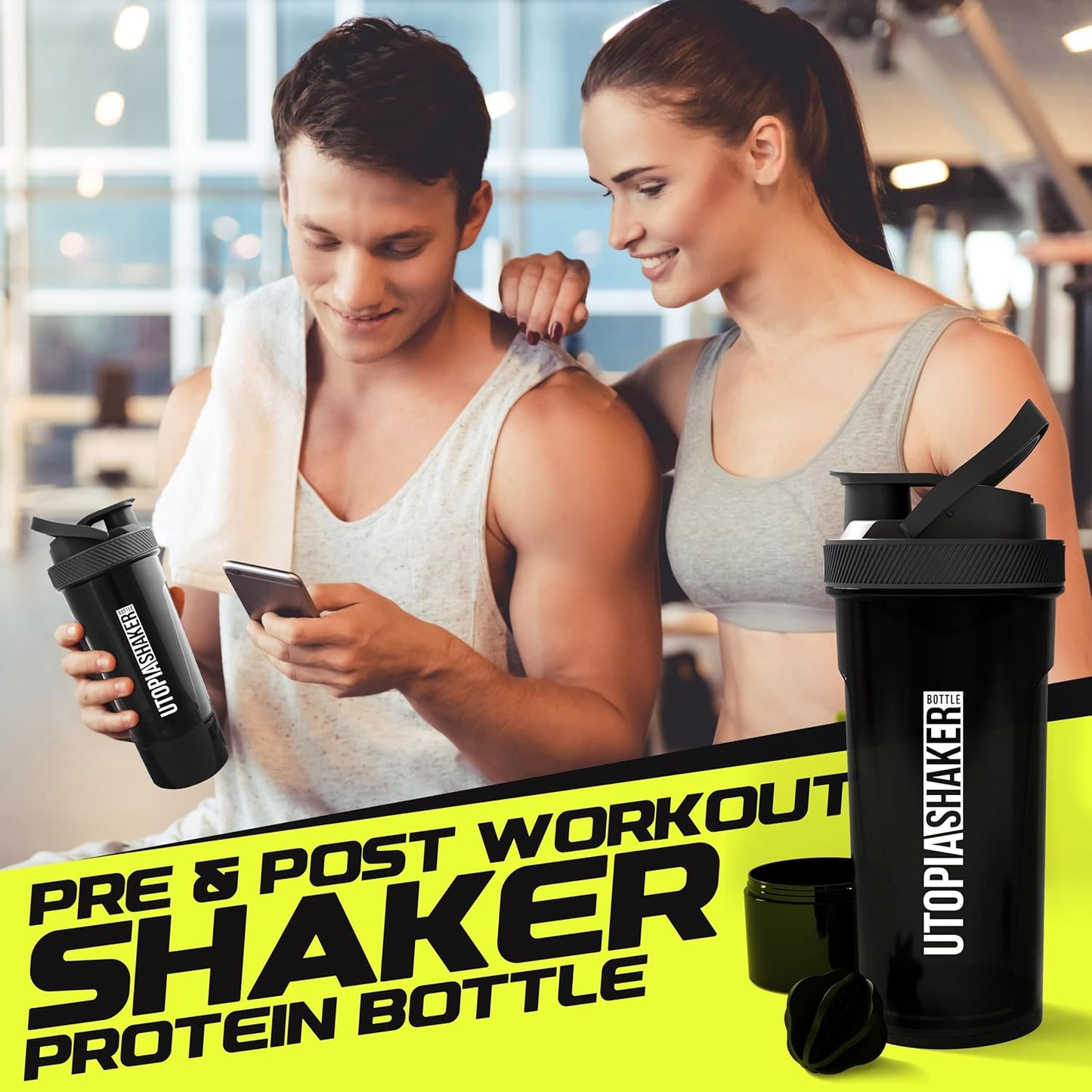 2 Pack Utopia Home Shaker Bottles - 24 oz Plastic Protein/Cocktail Shaker for Pre/Post Workout w/ Twist & Lock Protein Box - Black & Clear/Black