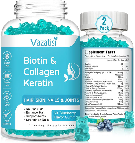 2 Pack Vazatisi Biotin Gummies with Collagen & Keratin - Hair, Skin, Nails, Joints - Blueberry Flavor - Women, Men, Kids - 120 Gummies