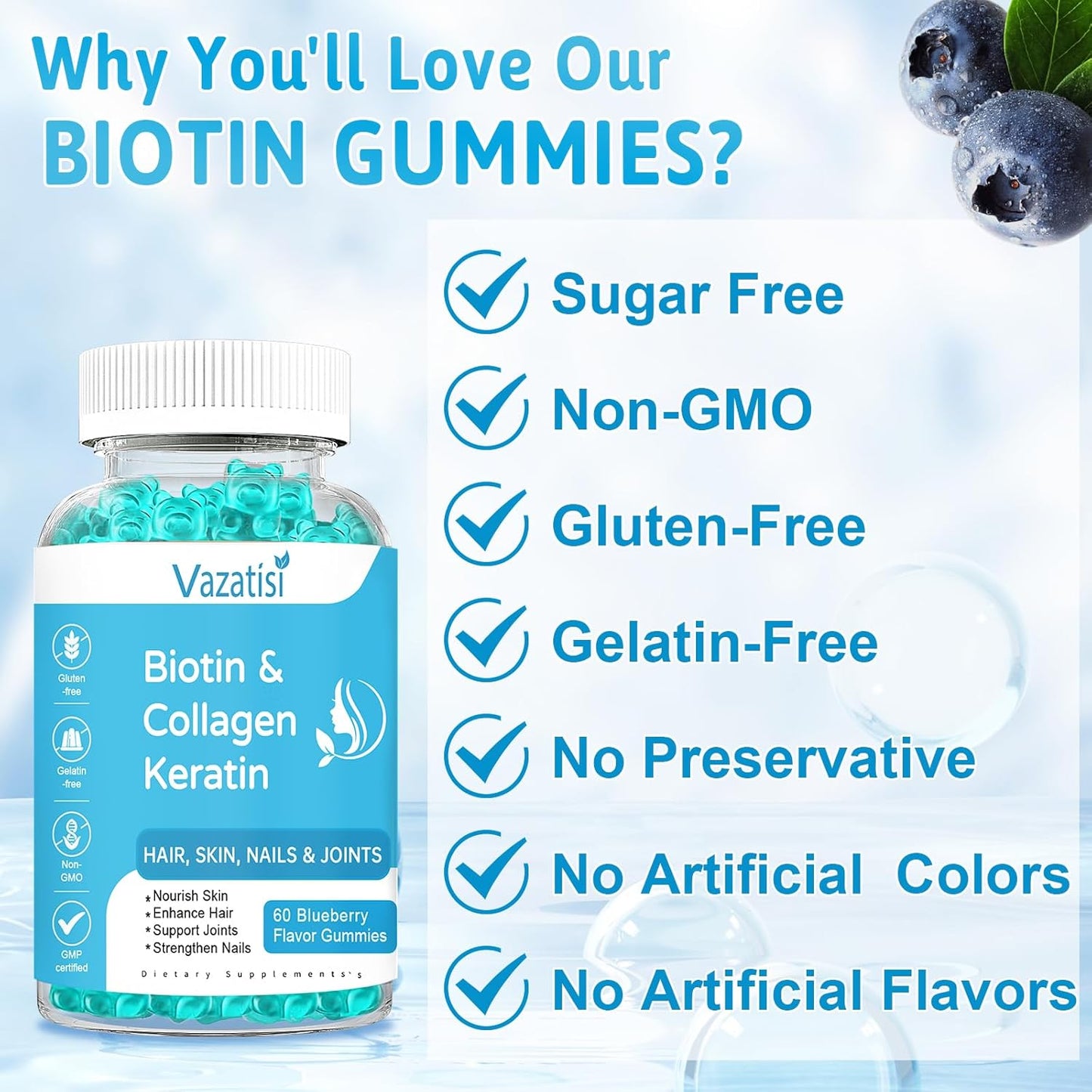 2 Pack Vazatisi Biotin Gummies with Collagen & Keratin - Hair, Skin, Nails, Joints - Blueberry Flavor - Women, Men, Kids - 120 Gummies