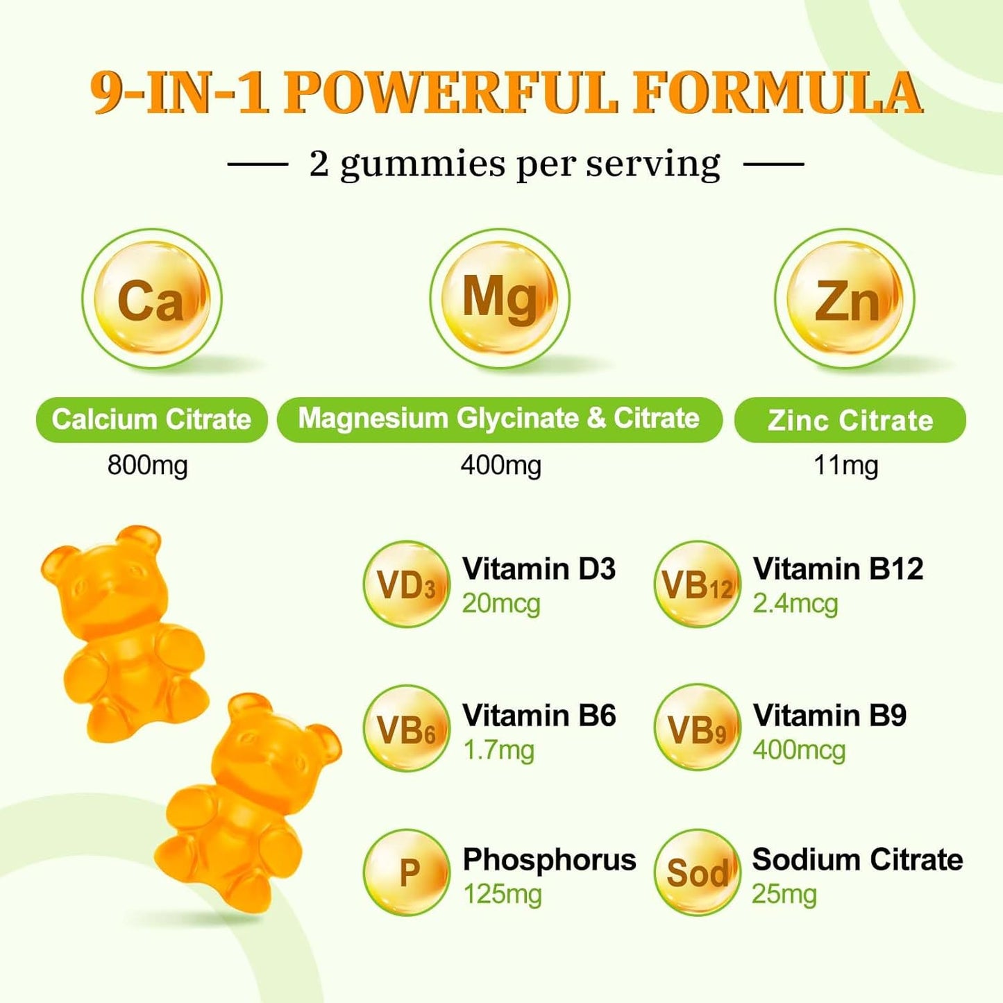 2 Pack Vegan Calcium Magnesium Zinc Gummies with Vitamin D3 & B12, 2:1 Ratio for Bone, Muscle, Mood, Immunity - 120 Orange Flavor Gummies