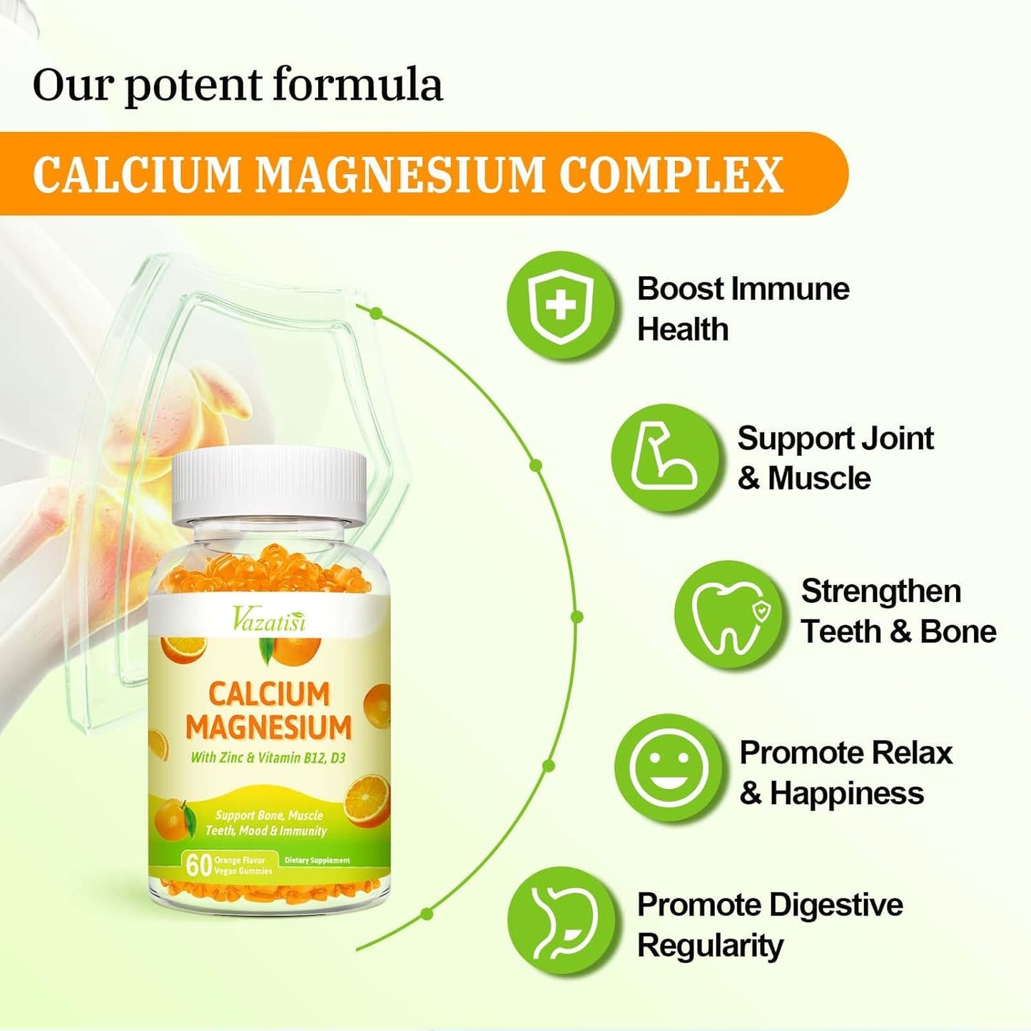 2 Pack Vegan Calcium Magnesium Zinc Gummies with Vitamin D3 & B12, 2:1 Ratio for Bone, Muscle, Mood, Immunity - 120 Orange Flavor Gummies