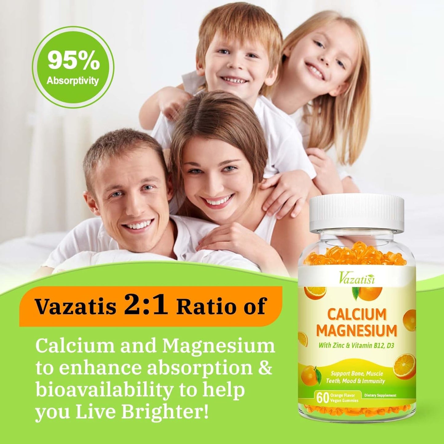 2 Pack Vegan Calcium Magnesium Zinc Gummies with Vitamin D3 & B12, 2:1 Ratio for Bone, Muscle, Mood, Immunity - 120 Orange Flavor Gummies