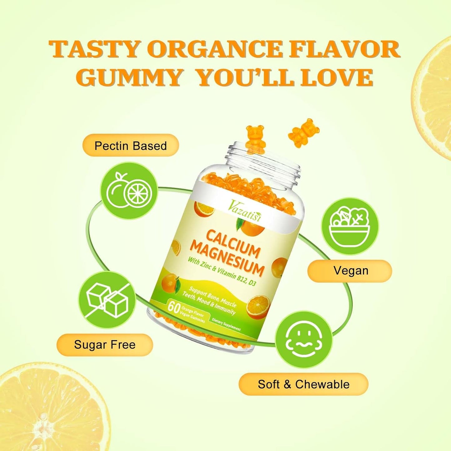 2 Pack Vegan Calcium Magnesium Zinc Gummies with Vitamin D3 & B12, 2:1 Ratio for Bone, Muscle, Mood, Immunity - 120 Orange Flavor Gummies