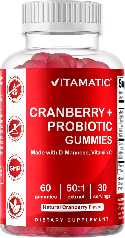 2 Pack Vegan Cranberry Gummies for Women Urinary Tract Health - D-Mannose, Probiotic, Vitamin C - 50X Concentrate Extract - 60 Count - Non-GMO, Gluten Free
