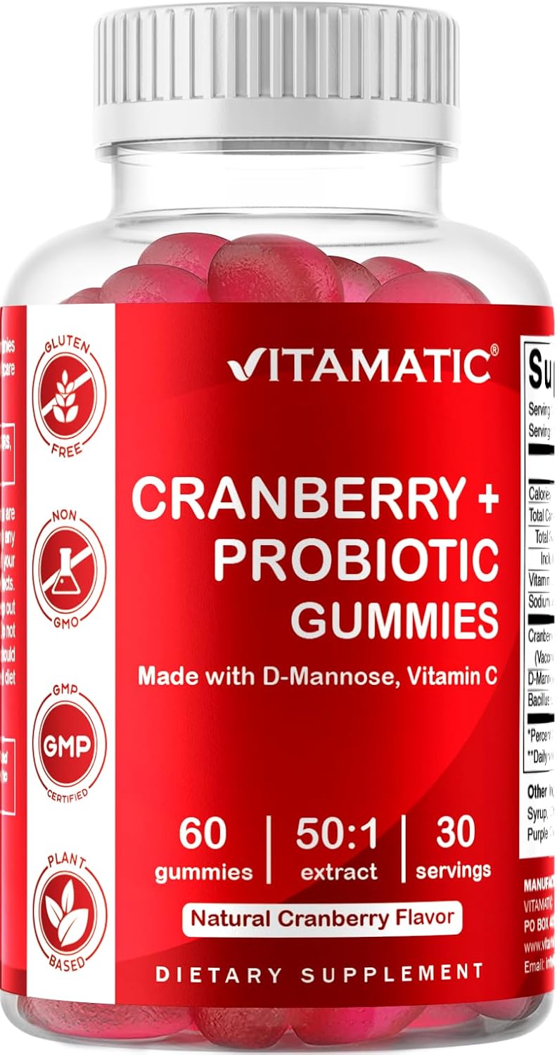 2 Pack Vegan Cranberry Gummies for Women Urinary Tract Health - D-Mannose, Probiotic, Vitamin C - 50X Concentrate Extract - 60 Count - Non-GMO, Gluten Free